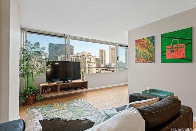 living room with tile patterned floors