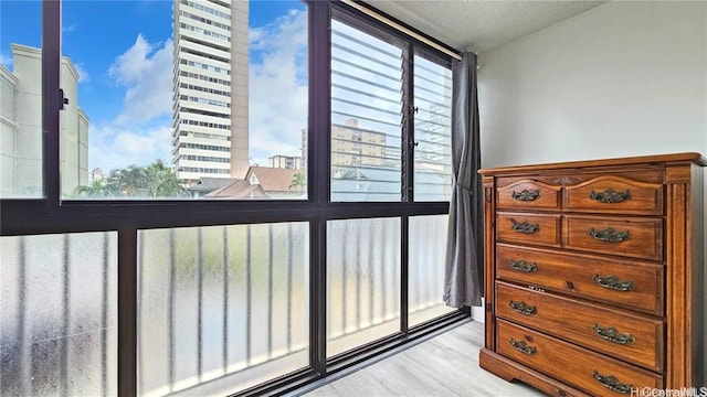 interior space with a textured ceiling, light hardwood / wood-style flooring, and multiple windows