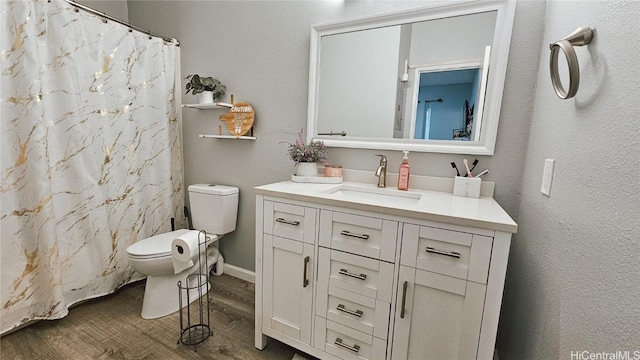 bathroom featuring vanity, wood-type flooring, and toilet