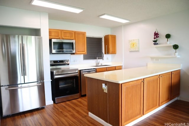 kitchen with kitchen peninsula, dark hardwood / wood-style flooring, sink, and stainless steel appliances