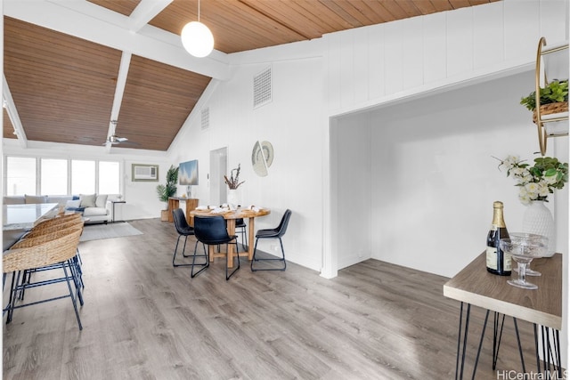 dining space with vaulted ceiling with beams, ceiling fan, wood ceiling, and hardwood / wood-style flooring