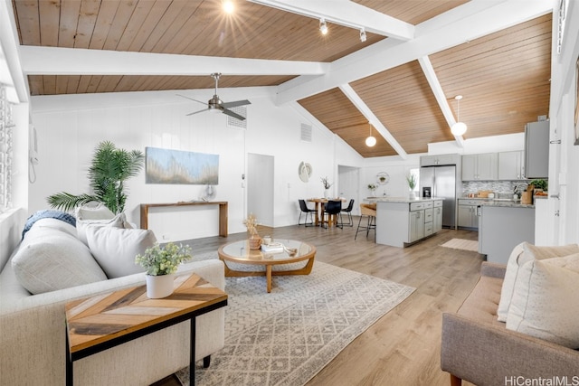 living room with wooden ceiling, high vaulted ceiling, ceiling fan, beamed ceiling, and light hardwood / wood-style floors