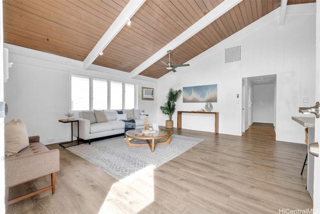 living room featuring wood ceiling, ceiling fan, high vaulted ceiling, light hardwood / wood-style flooring, and beamed ceiling