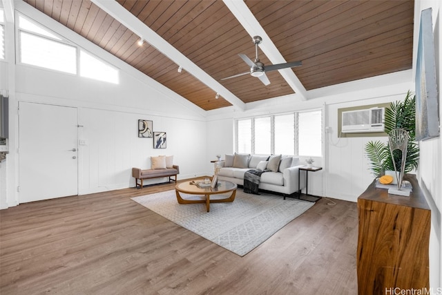 living room with a wall mounted AC, light wood-type flooring, a wealth of natural light, and wooden ceiling