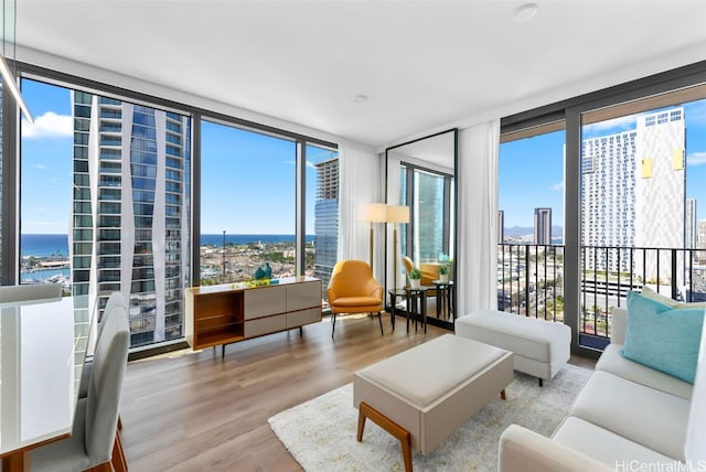 living room featuring expansive windows, a water view, a wealth of natural light, and light hardwood / wood-style flooring