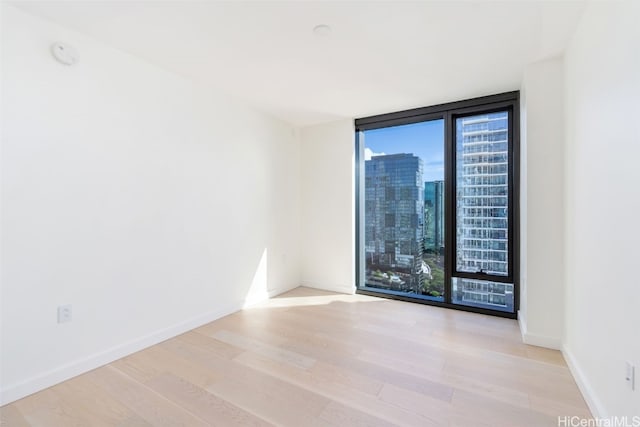 empty room featuring a wall of windows and light hardwood / wood-style flooring