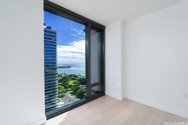 empty room featuring light wood-type flooring, a water view, and expansive windows