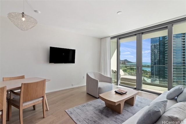 living room with light wood-type flooring and floor to ceiling windows