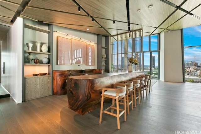 bar with floor to ceiling windows, hardwood / wood-style floors, and sink