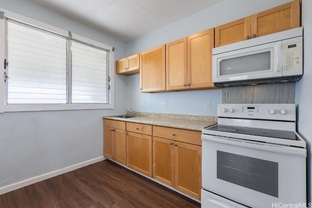 kitchen with sink, dark hardwood / wood-style floors, and white appliances