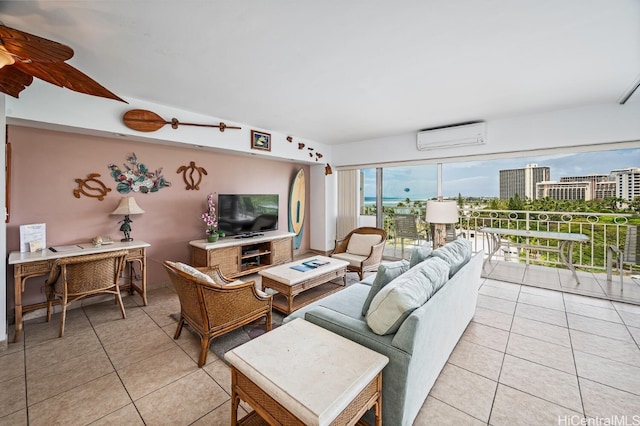 tiled living room with a wall unit AC