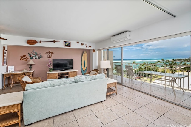 living room with light tile patterned floors and an AC wall unit