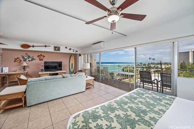 bedroom with a wall mounted AC, access to outside, multiple windows, and ceiling fan