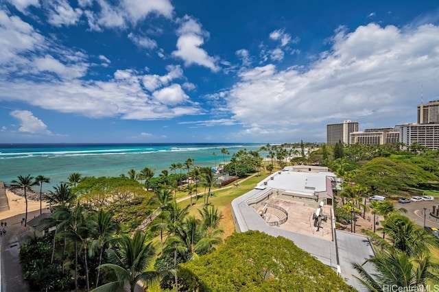 birds eye view of property featuring a water view