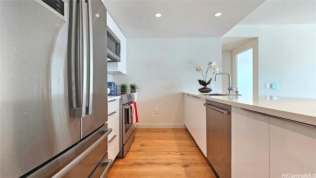 kitchen featuring sink, white cabinets, stainless steel appliances, and light hardwood / wood-style flooring