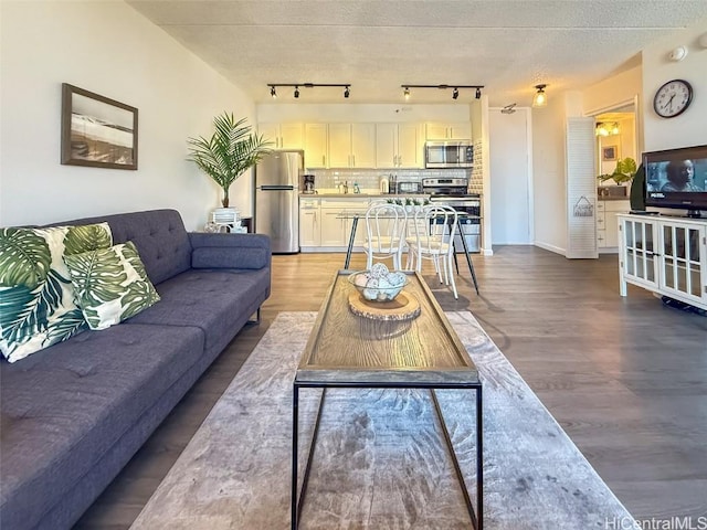 living room with a textured ceiling, hardwood / wood-style flooring, and track lighting