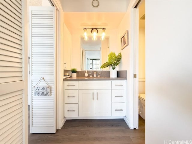 bathroom with vanity, toilet, and wood-type flooring