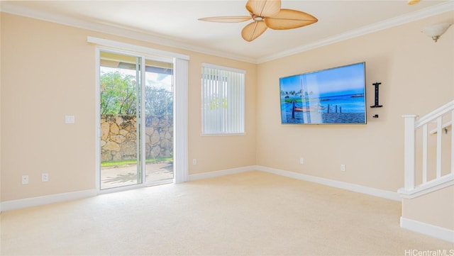 unfurnished living room with light carpet, ceiling fan, and crown molding