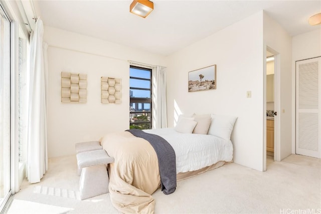 bedroom featuring light carpet and a closet