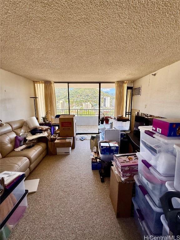 living room featuring a textured ceiling and carpet flooring