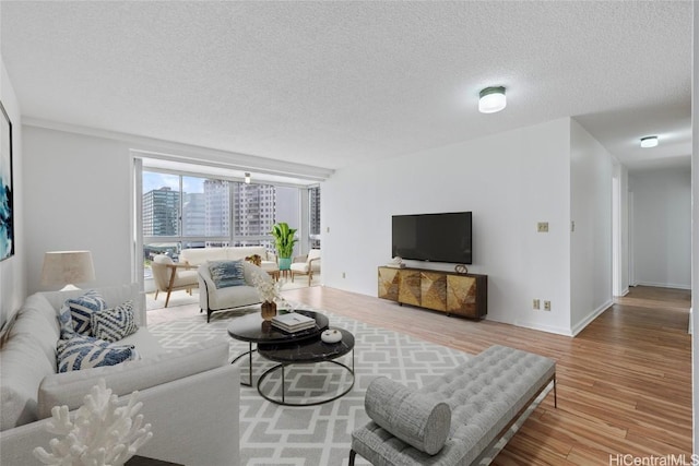 living room featuring hardwood / wood-style floors and a textured ceiling