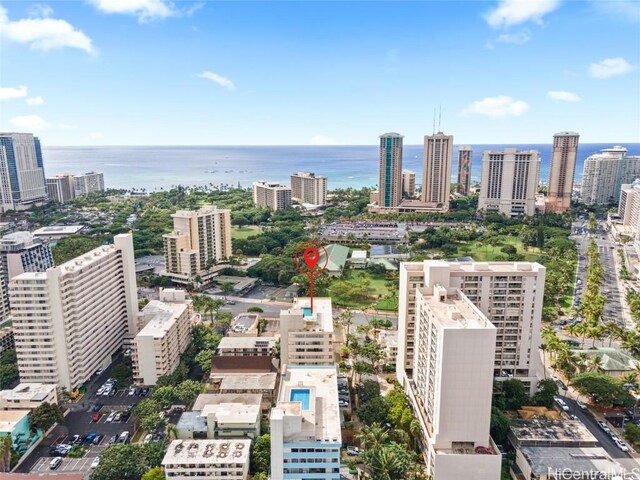 drone / aerial view featuring a water view