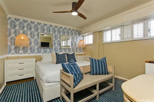 bedroom featuring crown molding and ceiling fan