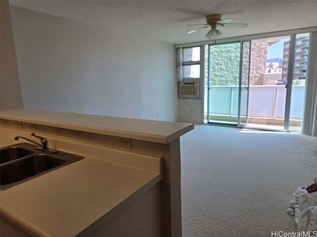 kitchen featuring sink, cooling unit, carpet flooring, and floor to ceiling windows