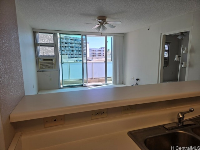 kitchen featuring sink, plenty of natural light, a textured ceiling, and ceiling fan