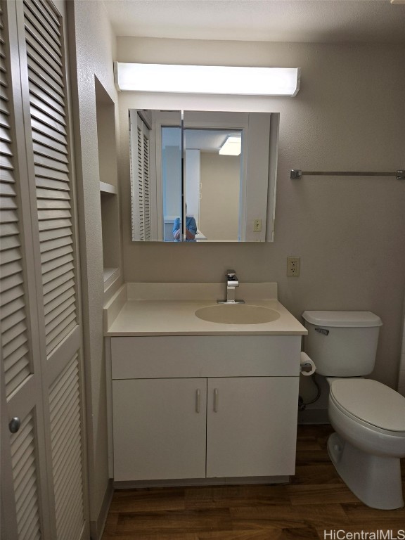 bathroom with vanity, toilet, and hardwood / wood-style flooring