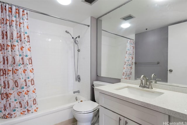 full bathroom with shower / tub combo, vanity, and toilet