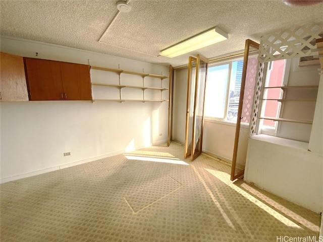 unfurnished room with light carpet and a textured ceiling