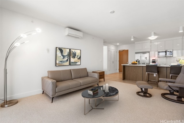 carpeted living room with a wall unit AC