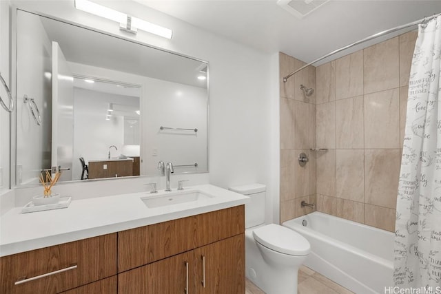 full bathroom with tile patterned flooring, vanity, toilet, and shower / bathtub combination with curtain