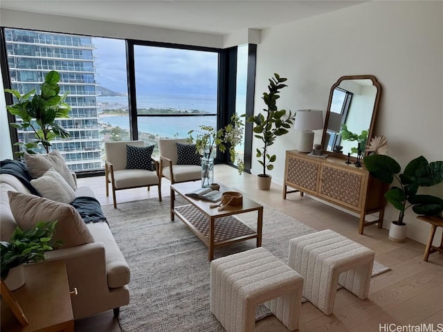 living room featuring a water view and light hardwood / wood-style floors