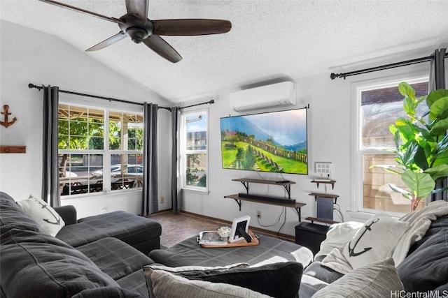 living room with a textured ceiling, a wall unit AC, ceiling fan, and vaulted ceiling