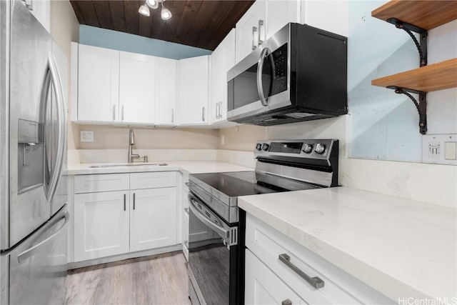 kitchen featuring wooden ceiling, white cabinets, sink, light wood-type flooring, and appliances with stainless steel finishes