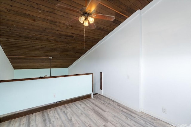 additional living space with ceiling fan, light wood-type flooring, lofted ceiling, and wooden ceiling