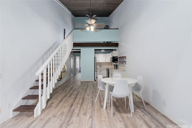 dining room with ceiling fan and light hardwood / wood-style flooring