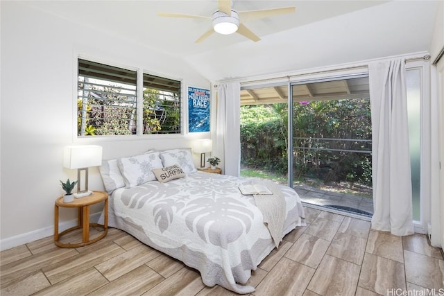 bedroom with access to outside, ceiling fan, and vaulted ceiling