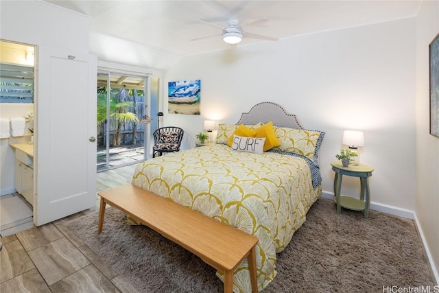 bedroom featuring hardwood / wood-style floors, ceiling fan, and access to outside