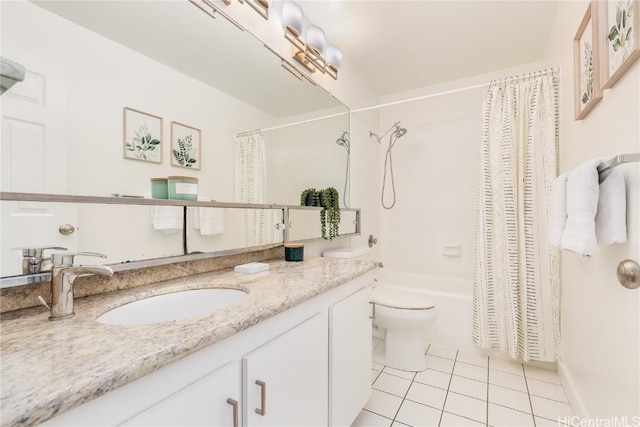 full bathroom with tile patterned flooring, vanity, toilet, and shower / bathtub combination with curtain