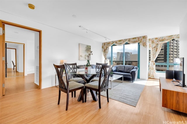 dining room featuring rail lighting and light wood-type flooring