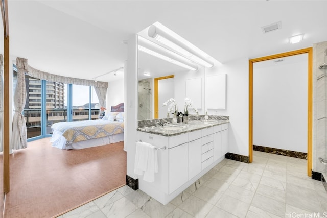 bathroom featuring vanity and walk in shower