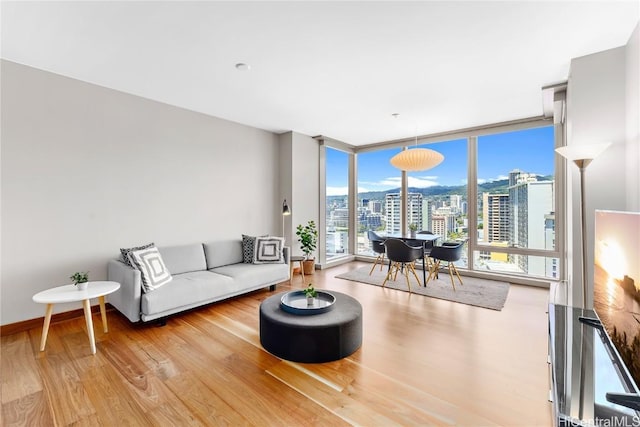 living room featuring light wood-type flooring and floor to ceiling windows