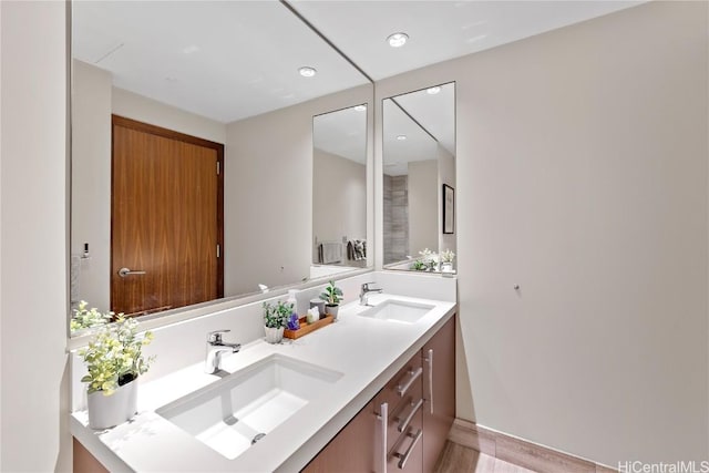 bathroom with vanity and wood-type flooring