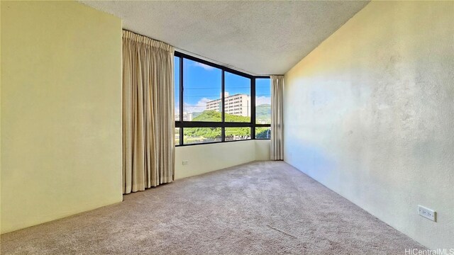 carpeted empty room featuring a textured ceiling