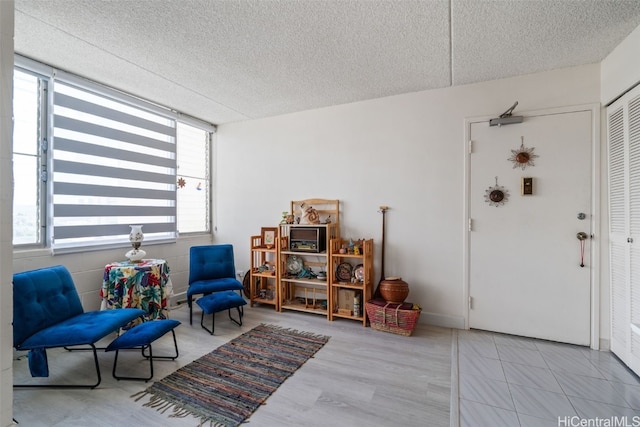 living area with a wealth of natural light and a textured ceiling