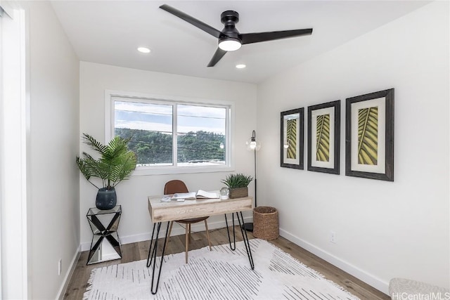 office space with ceiling fan and light hardwood / wood-style flooring