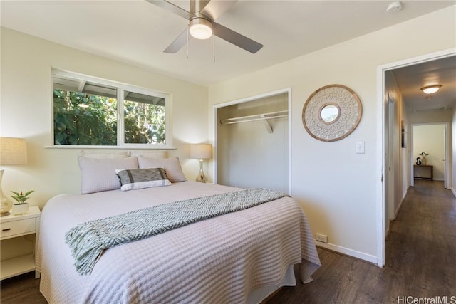 bedroom with ceiling fan, a closet, and dark wood-type flooring